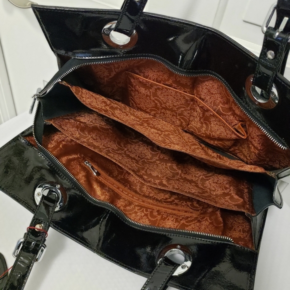 Black Shiny Patent Double Handle Tote, Business, Classic - Picture 7 of 7